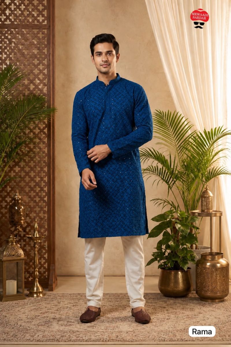 Manyavar Chikankari Vol 2 Rayon Chikan Schiffli Work Mens Kurta With Pant — Men's Wear, Vardan Ethnic wholesale from Surat — view 4
