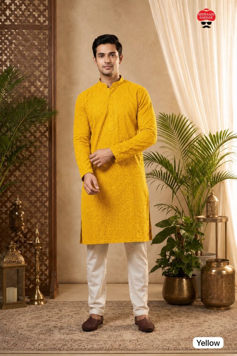 Manyavar Chikankari Vol 2 Rayon Chikan Schiffli Work Mens Kurta With Pant — Men's Wear, Vardan Ethnic wholesale from Surat — view 6