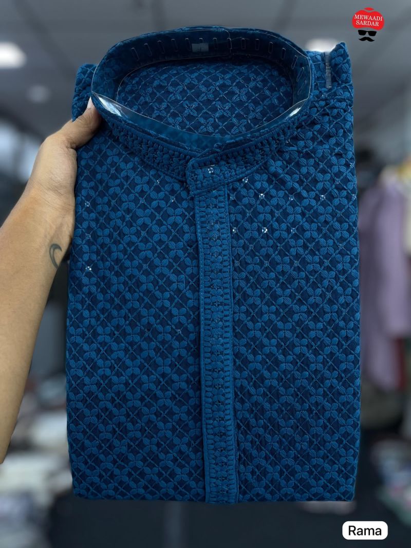 Manyavar Chikankari Vol 2 Rayon Chikan Schiffli Work Mens Kurta With Pant — Men's Wear, Vardan Ethnic wholesale from Surat — view 11