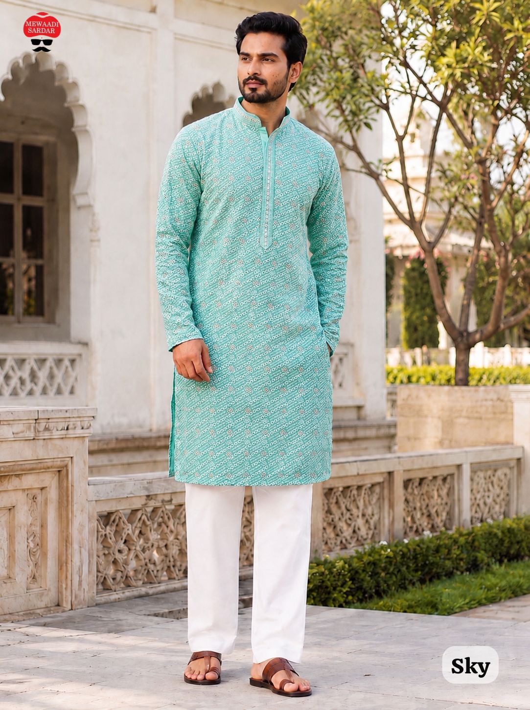 Manyavar Chikankari Rayon Chikan Schiffli Work Mens Kurta With Pant