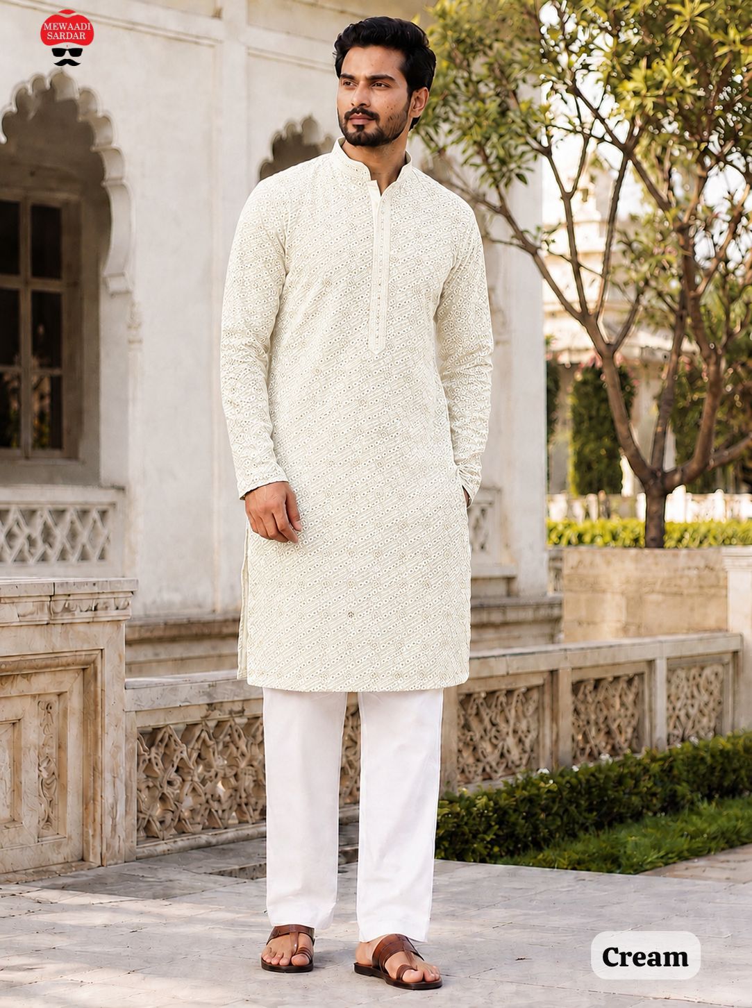 Manyavar Chikankari Rayon Chikan Schiffli Work Mens Kurta With Pant — Men's Wear, Vardan Ethnic wholesale from Surat — view 2