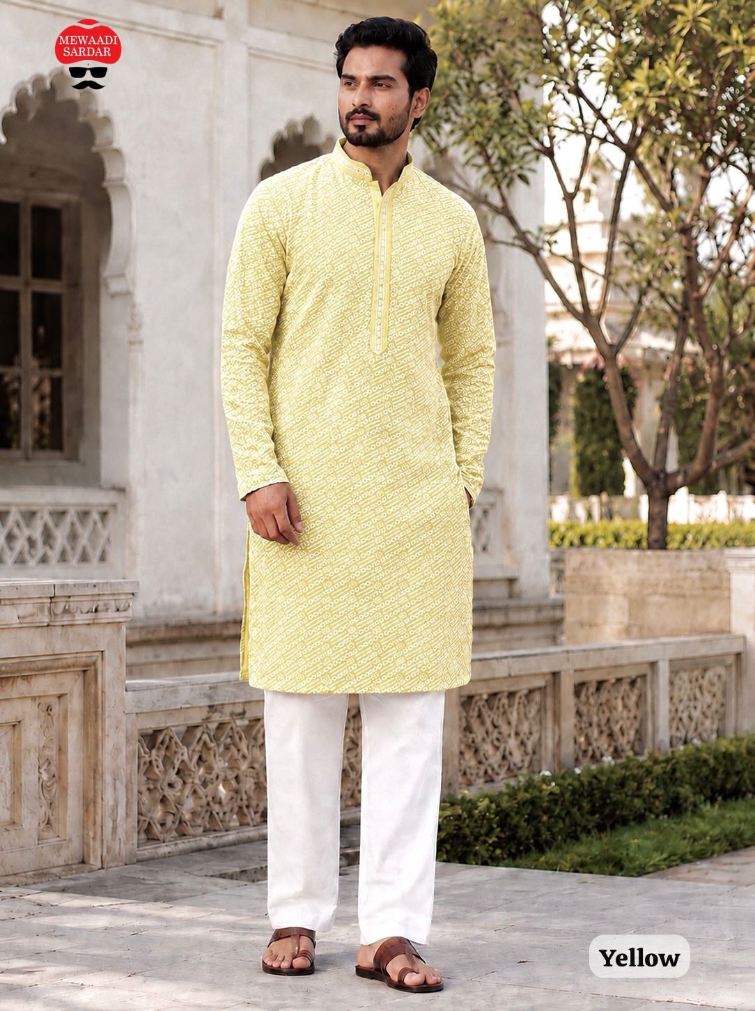 Manyavar Chikankari Rayon Chikan Schiffli Work Mens Kurta With Pant — Men's Wear, Vardan Ethnic wholesale from Surat — view 3