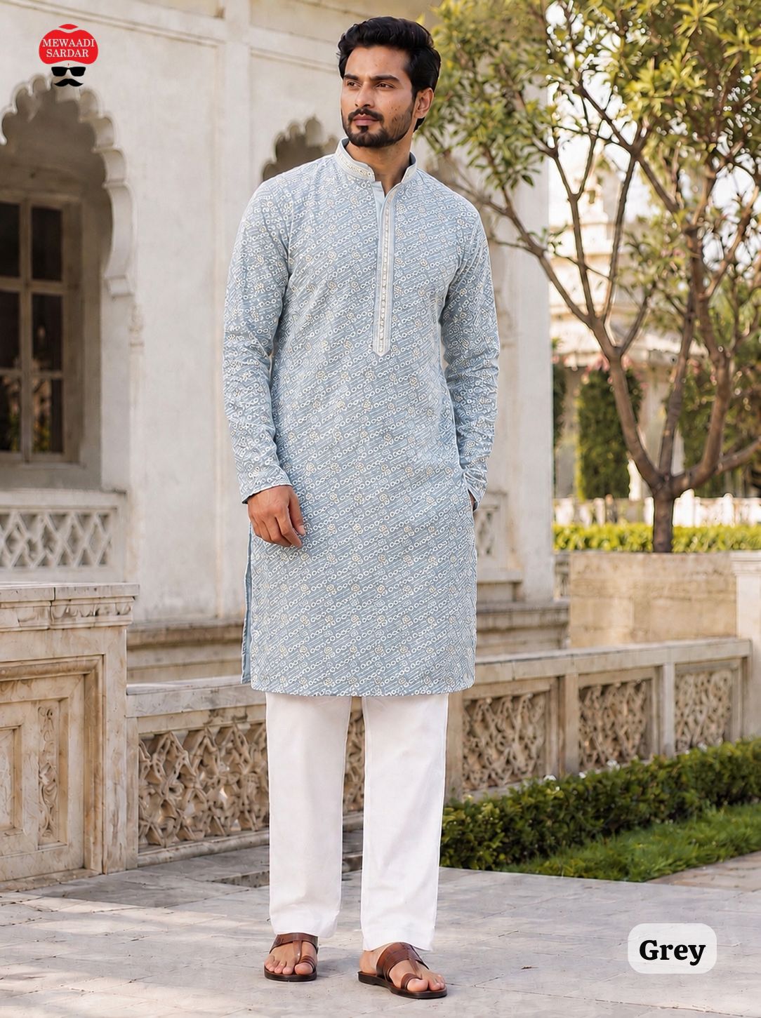 Manyavar Chikankari Rayon Chikan Schiffli Work Mens Kurta With Pant — Men's Wear, Vardan Ethnic wholesale from Surat — view 4
