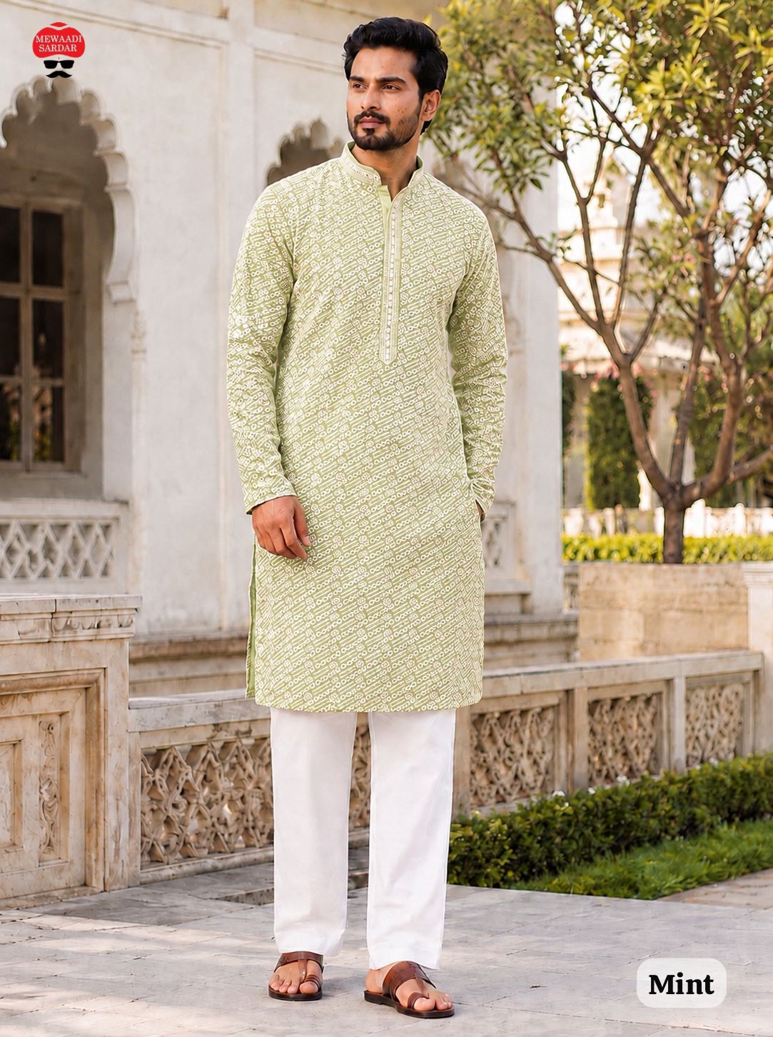 Manyavar Chikankari Rayon Chikan Schiffli Work Mens Kurta With Pant — Men's Wear, Vardan Ethnic wholesale from Surat — view 6