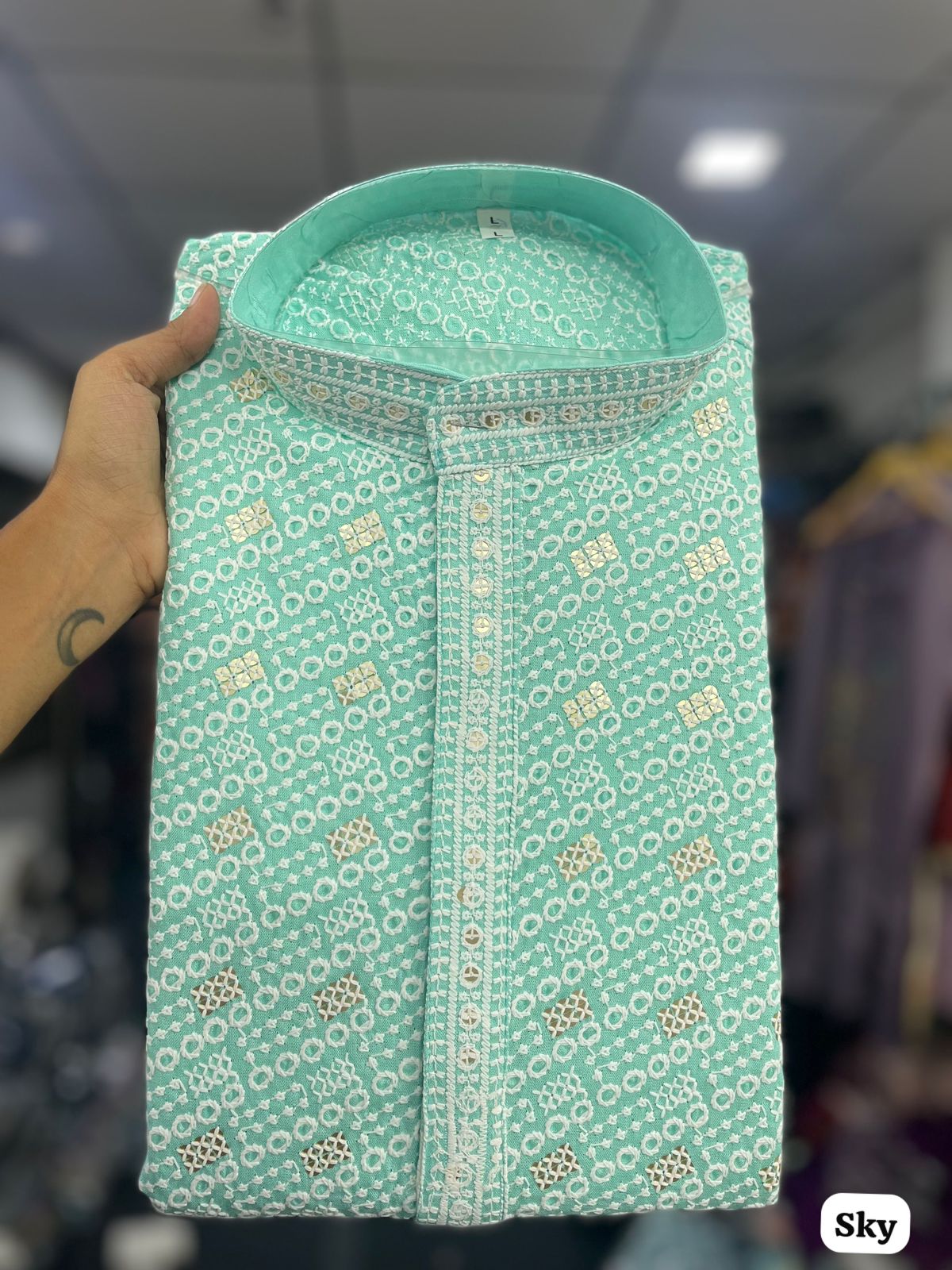Manyavar Chikankari Rayon Chikan Schiffli Work Mens Kurta With Pant — Men's Wear, Vardan Ethnic wholesale from Surat — view 9