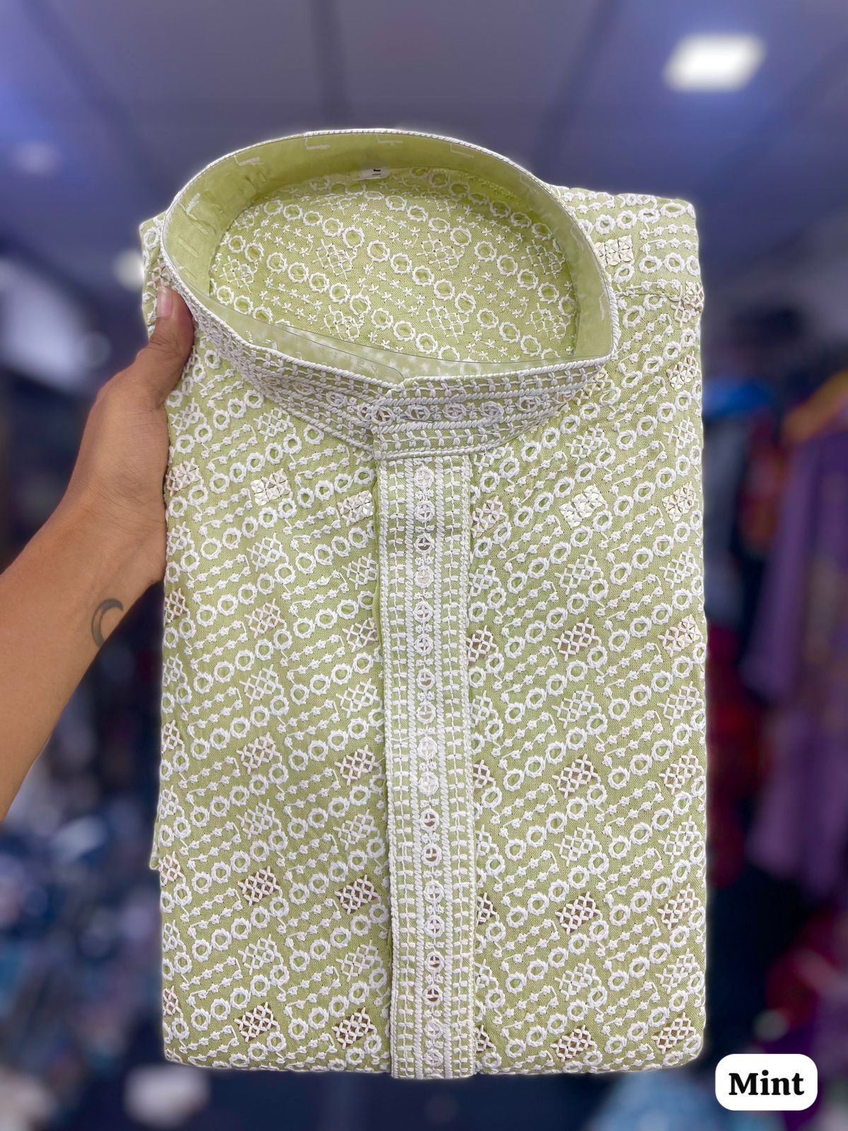 Manyavar Chikankari Rayon Chikan Schiffli Work Mens Kurta With Pant — Men's Wear, Vardan Ethnic wholesale from Surat — view 10