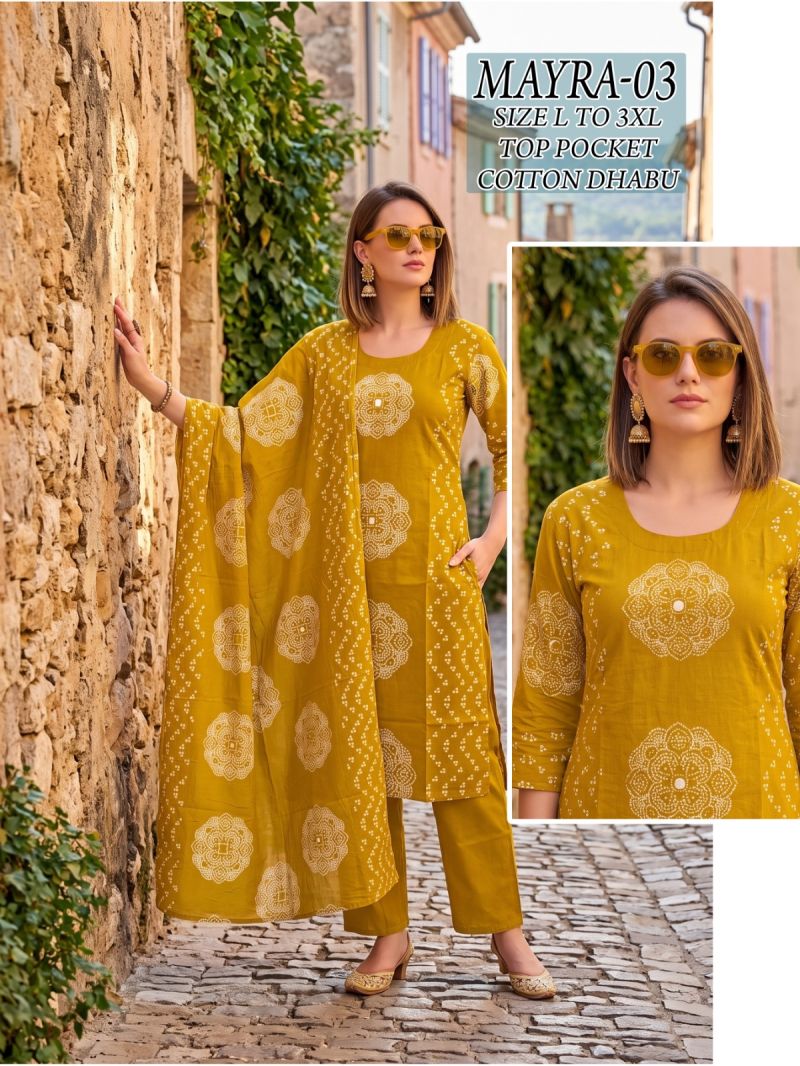 Mayra Combo Dhabu Cotton Printed Kurti With Bottom Dupatta Set — Wholesale Salwar Suits, Vardan Ethnic wholesale from Surat — view 3