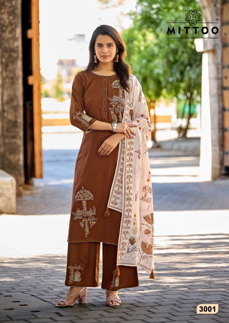 Mittoo Noorika Rayon Thread And Hand Work Kurti With Bottom Dupatta Set