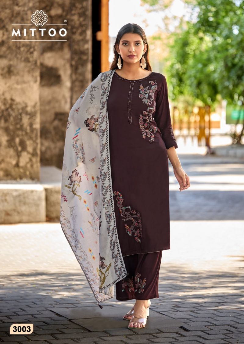 Mittoo Noorika Rayon Thread And Hand Work Kurti With Bottom Dupatta Set — Wholesale Salwar Suits, Mittoo wholesale from Surat — view 2