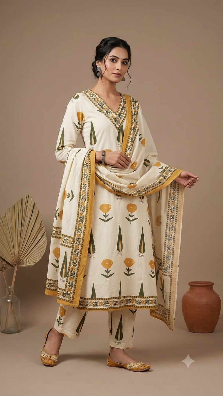 Naisha k 1084 Cotton Printed Kurti With Bottomn Dupatta Set