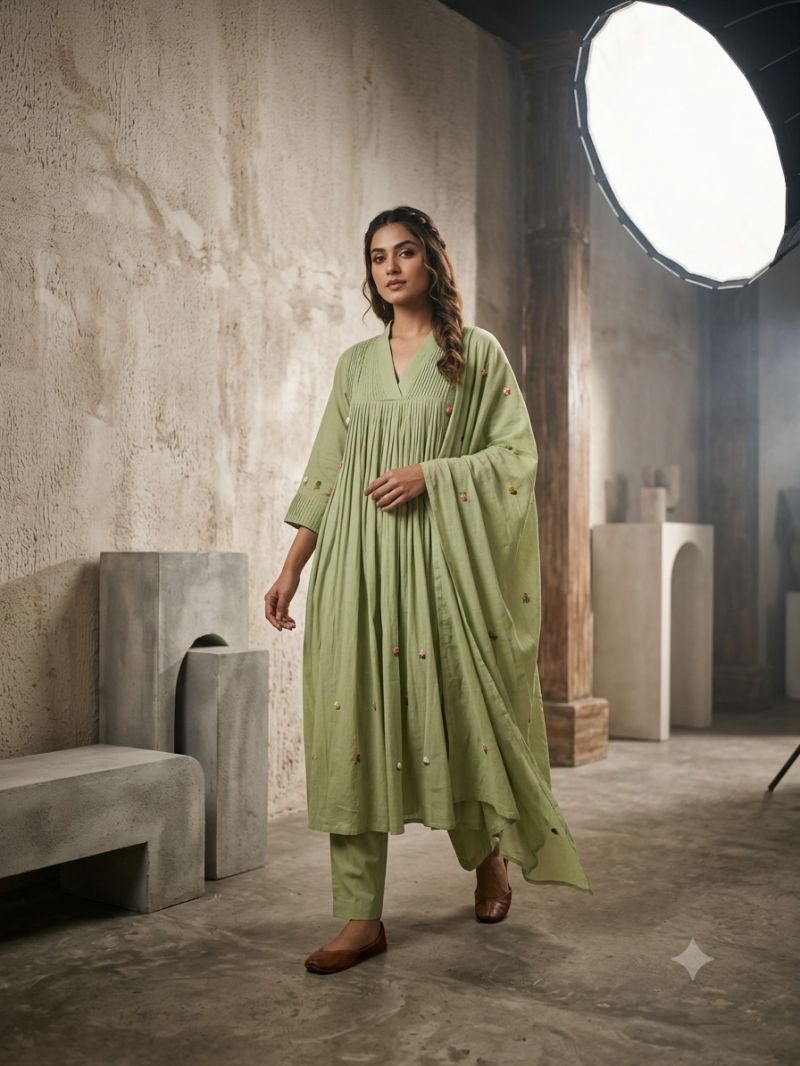 Naisha K 1093 Mul Cotton Hand Work Anarkali Kurti With Pant Dupatta Set — Wholesale Kurtis, Naisha wholesale from Surat — view 5