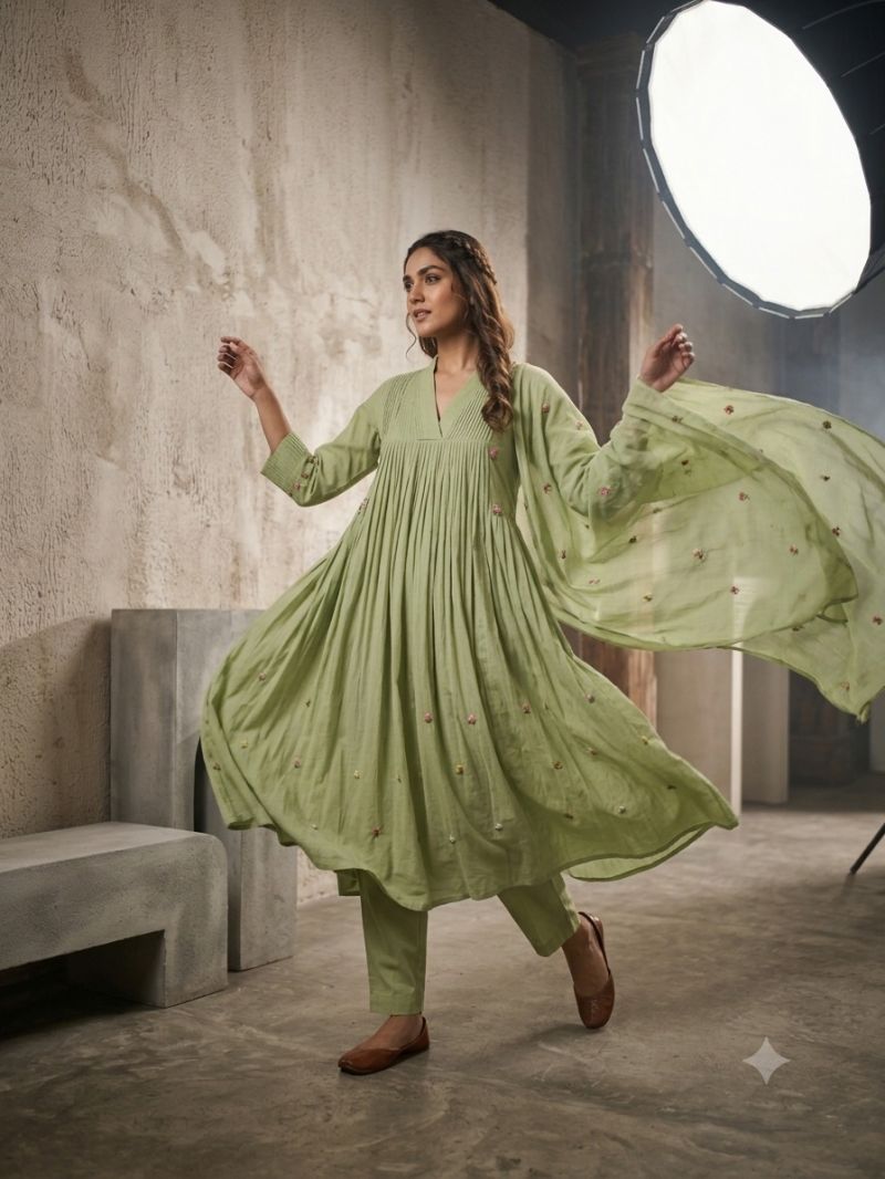 Naisha K 1093 Mul Cotton Hand Work Anarkali Kurti With Pant Dupatta Set — Wholesale Kurtis, Naisha wholesale from Surat — view 3