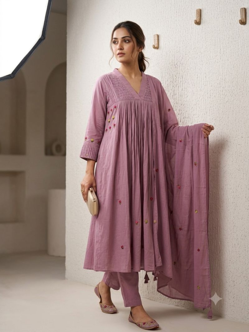 Naisha K 1093 Mul Cotton Hand Work Anarkali Kurti With Pant Dupatta Set — Wholesale Kurtis, Naisha wholesale from Surat — view 2