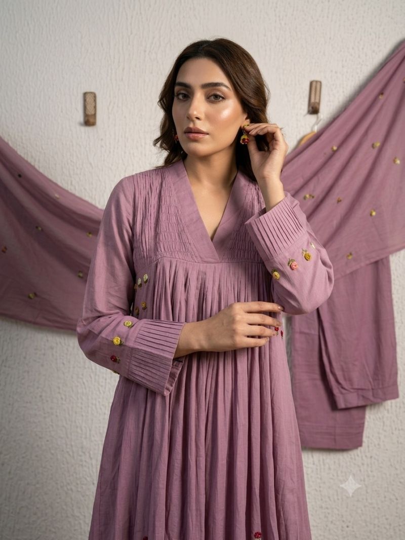 Naisha K 1093 Mul Cotton Hand Work Anarkali Kurti With Pant Dupatta Set