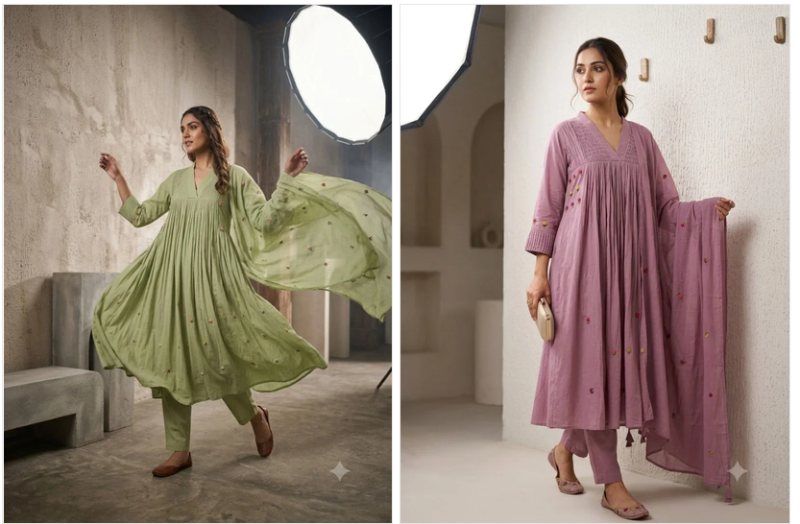 Naisha K 1093 Mul Cotton Hand Work Anarkali Kurti With Pant Dupatta Set — Wholesale Kurtis, Naisha wholesale from Surat — view 6