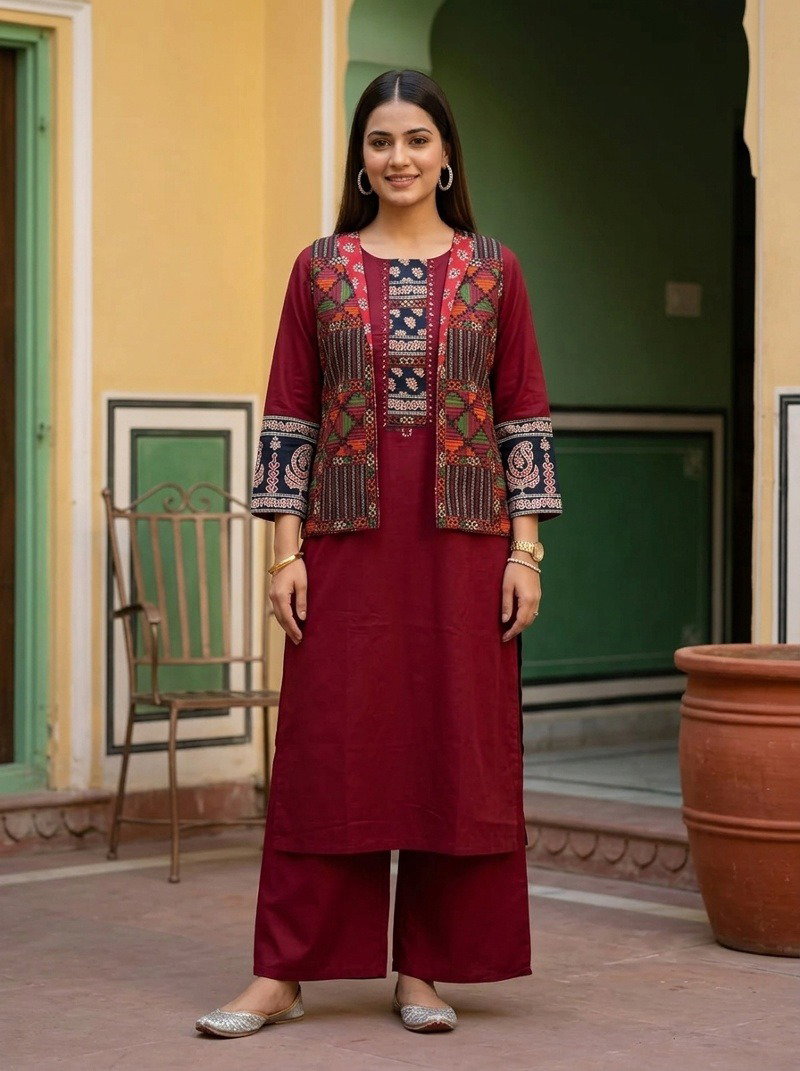 Naisha K 1095 Cotton Embroidered Kurti Bottom With Jacket Set