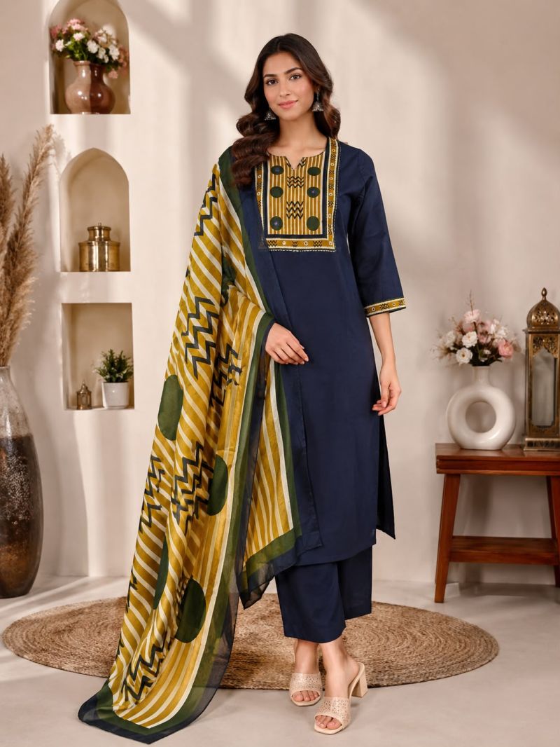 Naisha K 1124 Dhabu Cotton Hand Work Kurti With Bottom Dupatta Set — Wholesale Kurtis, Vardan Ethnic wholesale from Surat — view 2
