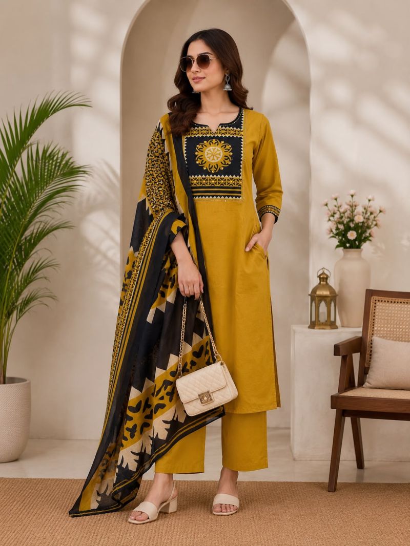 Naisha K 1124 Dhabu Cotton Hand Work Kurti With Bottom Dupatta Set — Wholesale Kurtis, Vardan Ethnic wholesale from Surat — view 3