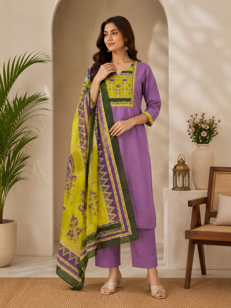 Naisha K 1124 Dhabu Cotton Hand Work Kurti With Bottom Dupatta Set