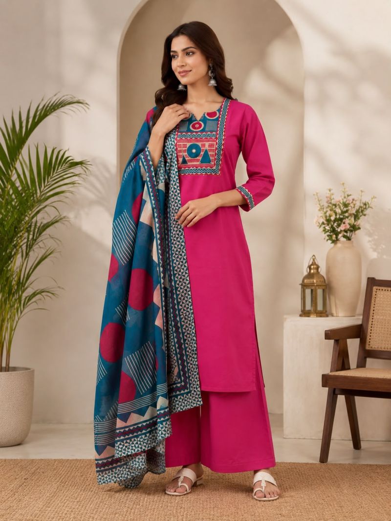 Naisha K 1124 Dhabu Cotton Hand Work Kurti With Bottom Dupatta Set — Wholesale Kurtis, Vardan Ethnic wholesale from Surat — view 4