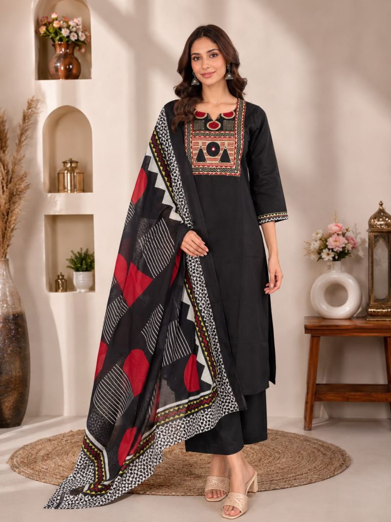 Naisha K 1124 Dhabu Cotton Hand Work Kurti With Bottom Dupatta Set — Wholesale Kurtis, Vardan Ethnic wholesale from Surat — view 5