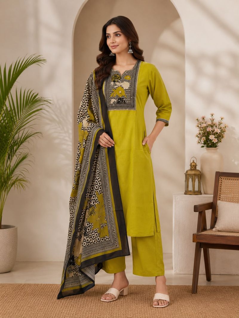 Naisha K 1124 Dhabu Cotton Hand Work Kurti With Bottom Dupatta Set — Wholesale Kurtis, Vardan Ethnic wholesale from Surat — view 6