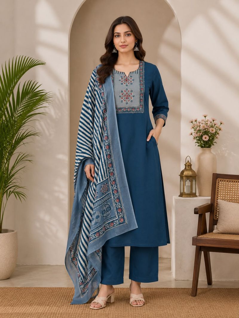 Naisha K 1124 Dhabu Cotton Hand Work Kurti With Bottom Dupatta Set — Wholesale Kurtis, Vardan Ethnic wholesale from Surat — view 7