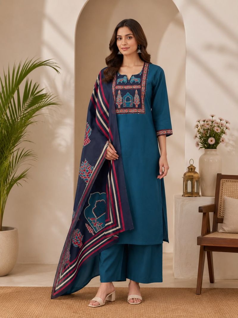 Naisha K 1124 Dhabu Cotton Hand Work Kurti With Bottom Dupatta Set — Wholesale Kurtis, Vardan Ethnic wholesale from Surat — view 9