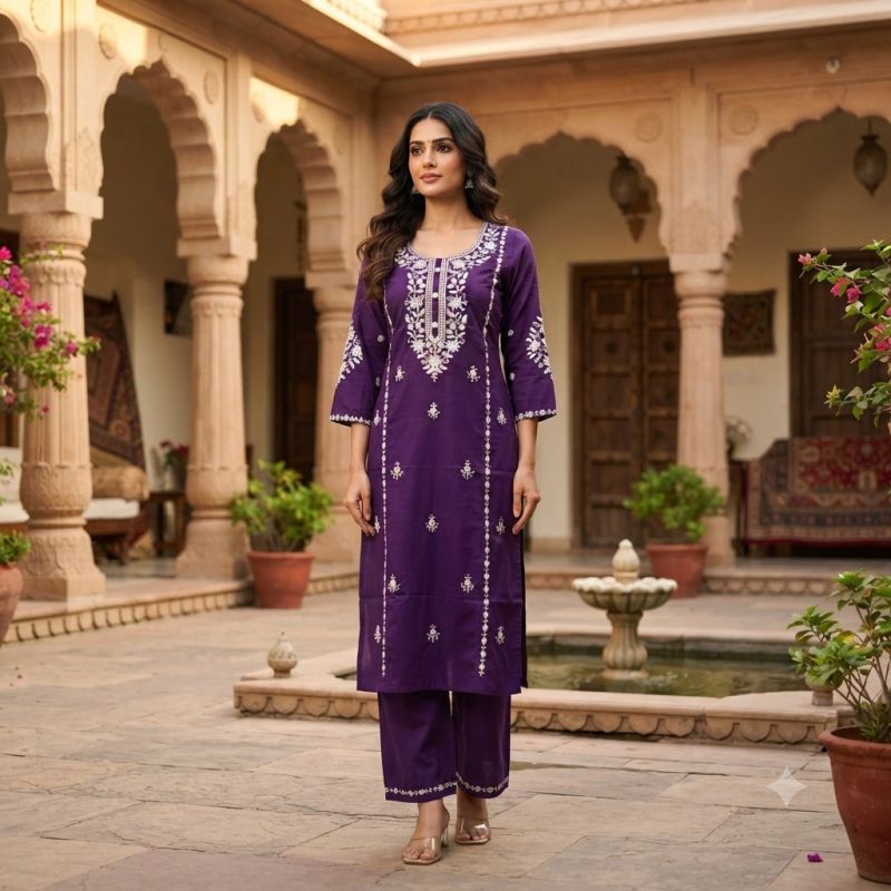 Naisha K 1125 Suvi Slub Embroidered Kurti With Bottom Catalog — Wholesale Kurtis, Vardan Ethnic wholesale from Surat — view 2
