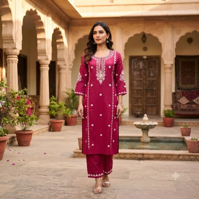 Naisha K 1125 Suvi Slub Embroidered Kurti With Bottom Catalog — Wholesale Kurtis, Vardan Ethnic wholesale from Surat — view 3