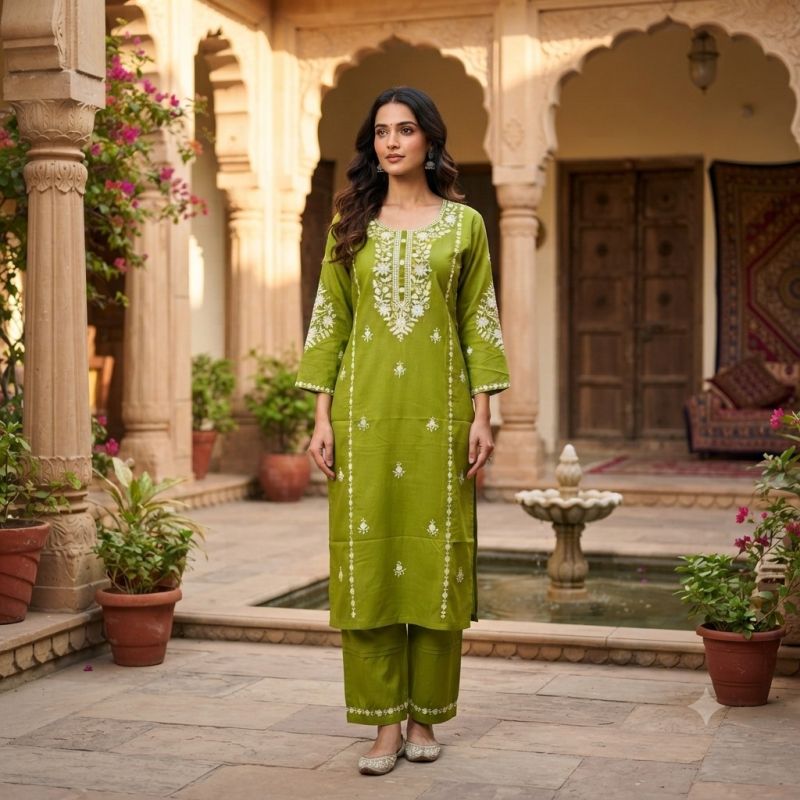 Naisha K 1125 Suvi Slub Embroidered Kurti With Bottom Catalog — Wholesale Kurtis, Vardan Ethnic wholesale from Surat — view 4
