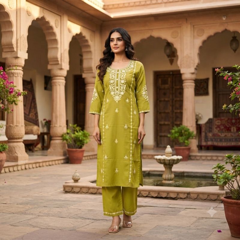 Naisha K 1125 Suvi Slub Embroidered Kurti With Bottom Catalog — Wholesale Kurtis, Vardan Ethnic wholesale from Surat — view 6