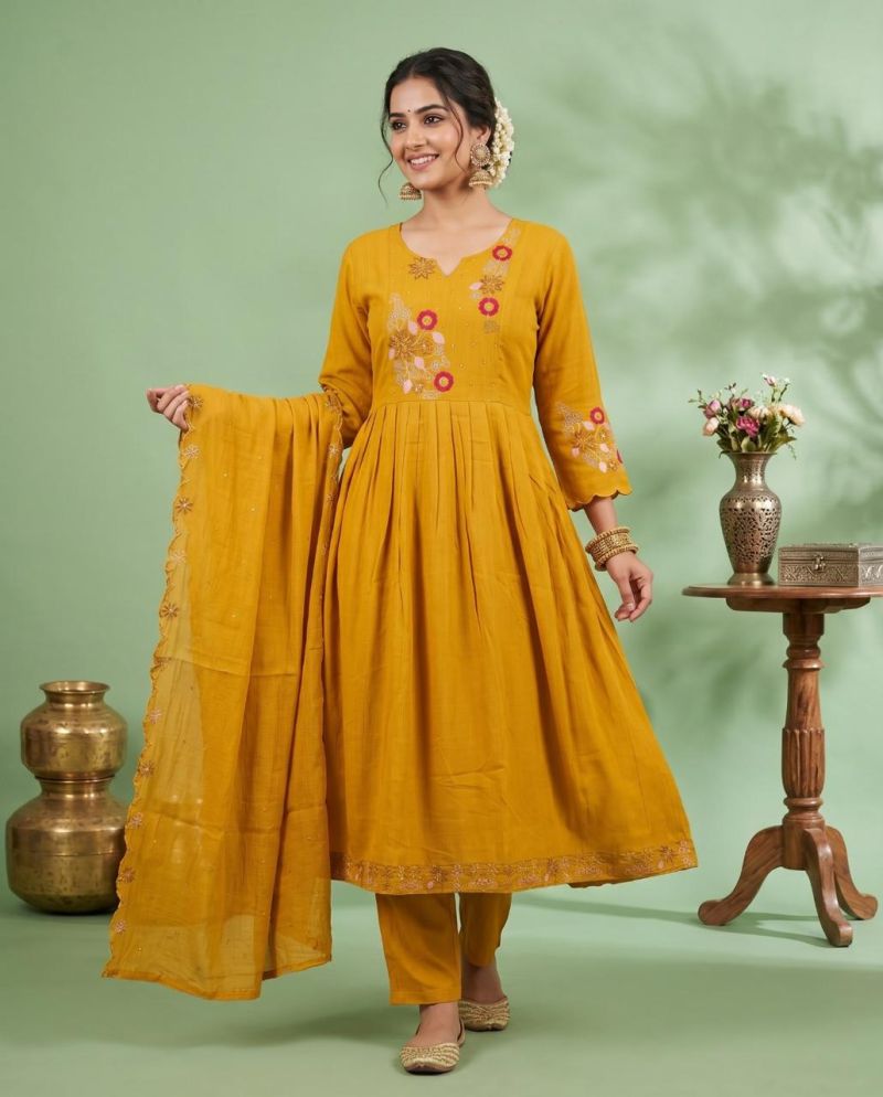 Naisha K 1133 Mul Chanderi Jarkan Work Anarkali Kurti With Bottom Dupatta Set — Wholesale Readymade Suit, Naisha wholesale from Surat — view 2