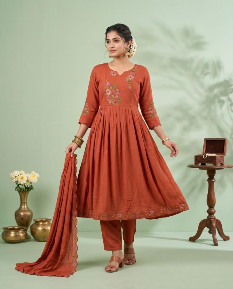 Naisha K 1133 Mul Chanderi Jarkan Work Anarkali Kurti With Bottom Dupatta Set — Wholesale Readymade Suit, Naisha wholesale from Surat — view 3