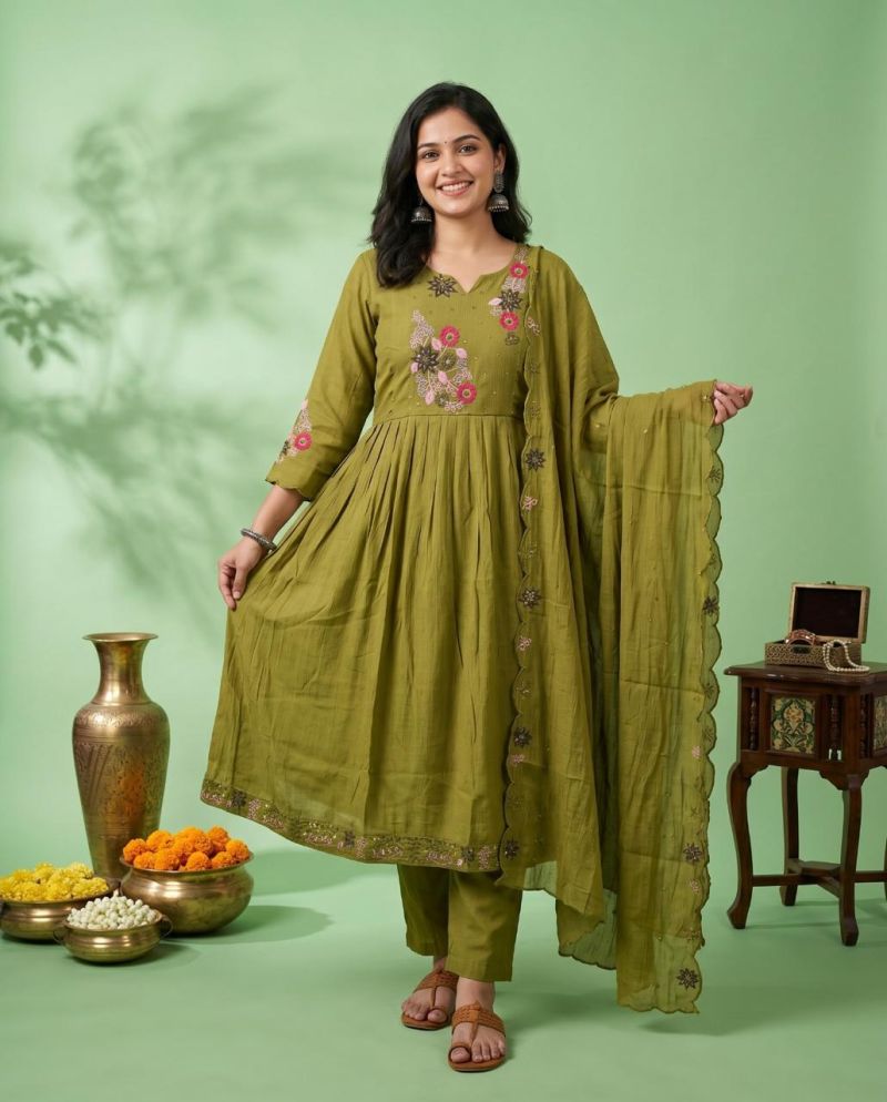Naisha K 1133 Mul Chanderi Jarkan Work Anarkali Kurti With Bottom Dupatta Set — Wholesale Readymade Suit, Naisha wholesale from Surat — view 4