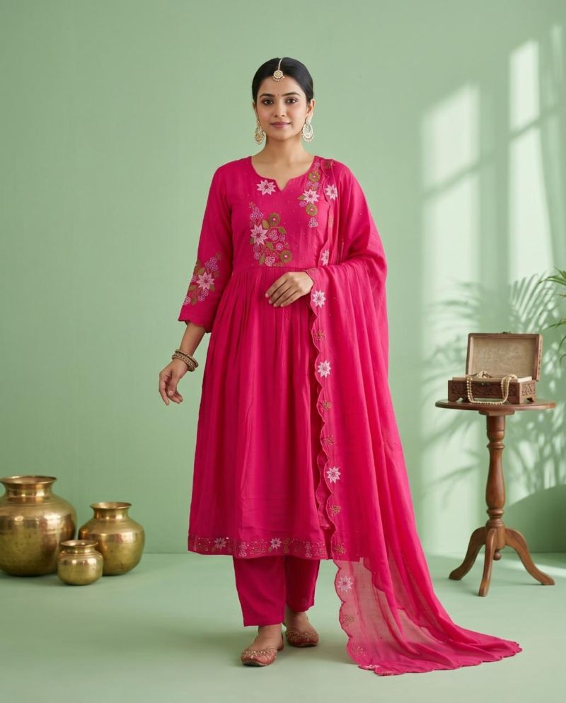 Naisha K 1133 Mul Chanderi Jarkan Work Anarkali Kurti With Bottom Dupatta Set — Wholesale Readymade Suit, Naisha wholesale from Surat — view 5