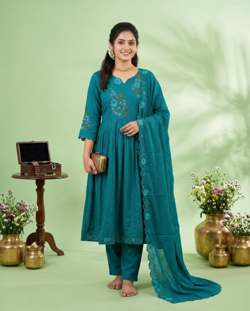 Naisha K 1133 Mul Chanderi Jarkan Work Anarkali Kurti With Bottom Dupatta Set