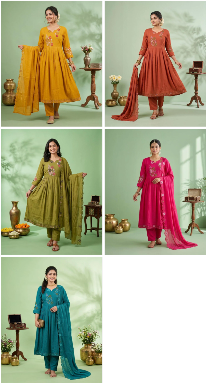 Naisha K 1133 Mul Chanderi Jarkan Work Anarkali Kurti With Bottom Dupatta Set — Wholesale Readymade Suit, Naisha wholesale from Surat — view 6