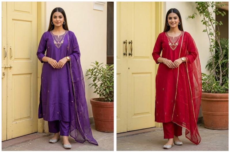 Naisha K 1134 Roman Silk Hand Work Kurti With Bottom Dupatta Set — Wholesale Readymade Suit, Naisha wholesale from Surat — view 3