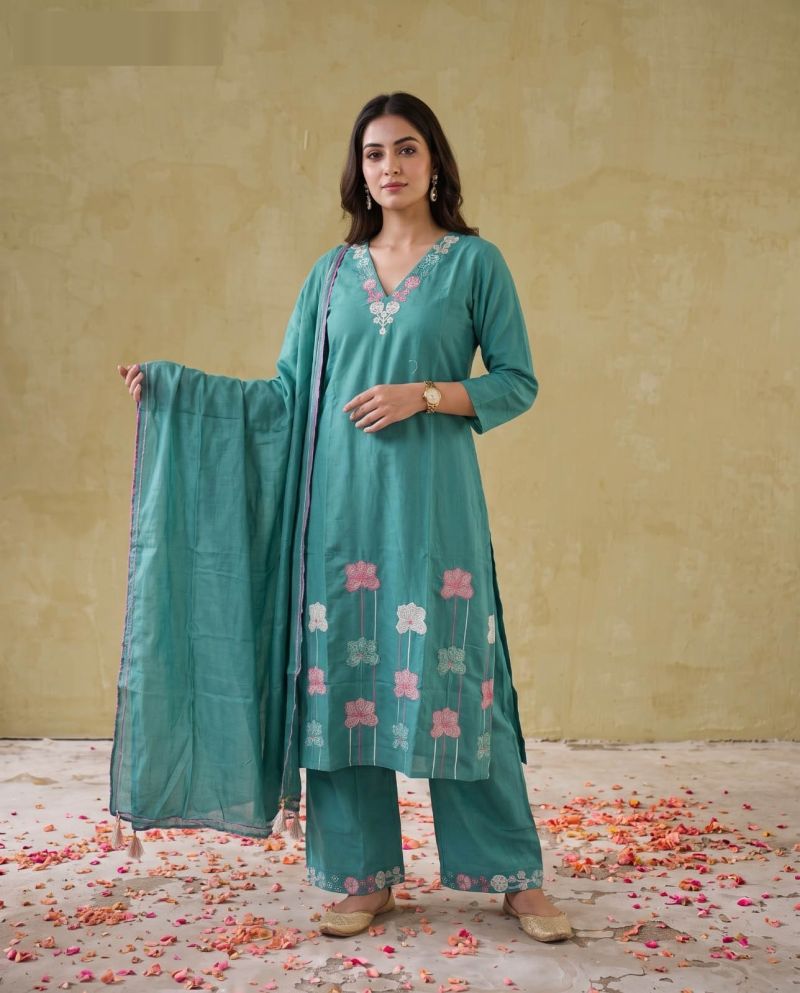 Naisha K 1135 Mul Cotton Embroidered Kurti With Bottom Dupatta Set — Wholesale Salwar Suits, Naisha wholesale from Surat — view 3