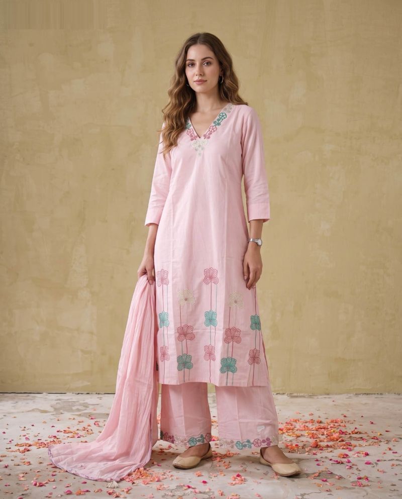 Naisha K 1135 Mul Cotton Embroidered Kurti With Bottom Dupatta Set