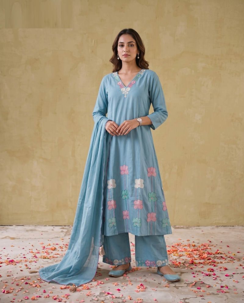 Naisha K 1135 Mul Cotton Embroidered Kurti With Bottom Dupatta Set — Wholesale Salwar Suits, Naisha wholesale from Surat — view 5