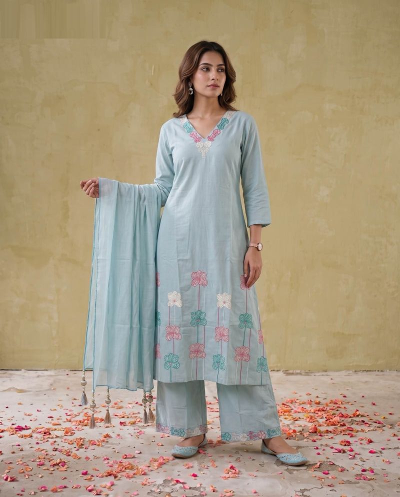 Naisha K 1135 Mul Cotton Embroidered Kurti With Bottom Dupatta Set — Wholesale Salwar Suits, Naisha wholesale from Surat — view 8