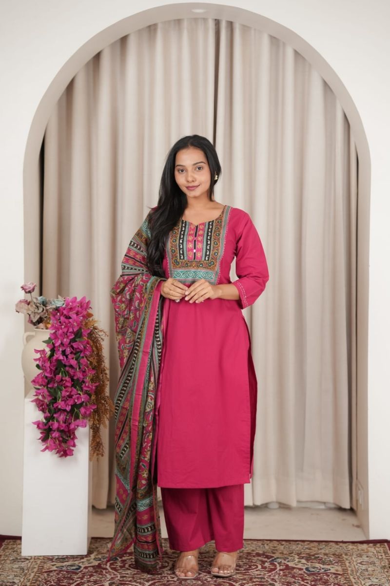 Naisha K 1138 Dhabu Cotton Printed Neck Work Kurti With Bottom Dupatta Set — Wholesale Readymade Suit, Vardan Ethnic wholesale from Surat — view 3