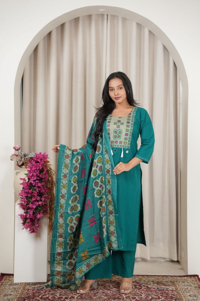 Naisha K 1138 Dhabu Cotton Printed Neck Work Kurti With Bottom Dupatta Set — Wholesale Readymade Suit, Vardan Ethnic wholesale from Surat — view 5