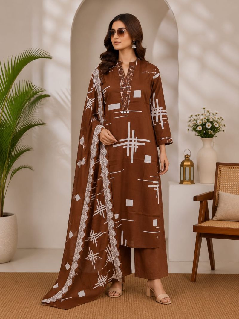 Naisha K 1139 Cotton Printed Hand Work Kurti With Bottom Dupatta Set — Wholesale Readymade Suit, Vardan Ethnic wholesale from Surat — view 3
