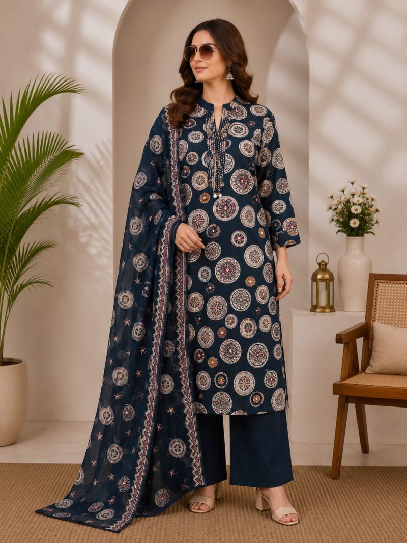 Naisha K 1139 Cotton Printed Hand Work Kurti With Bottom Dupatta Set — Wholesale Readymade Suit, Vardan Ethnic wholesale from Surat — view 4