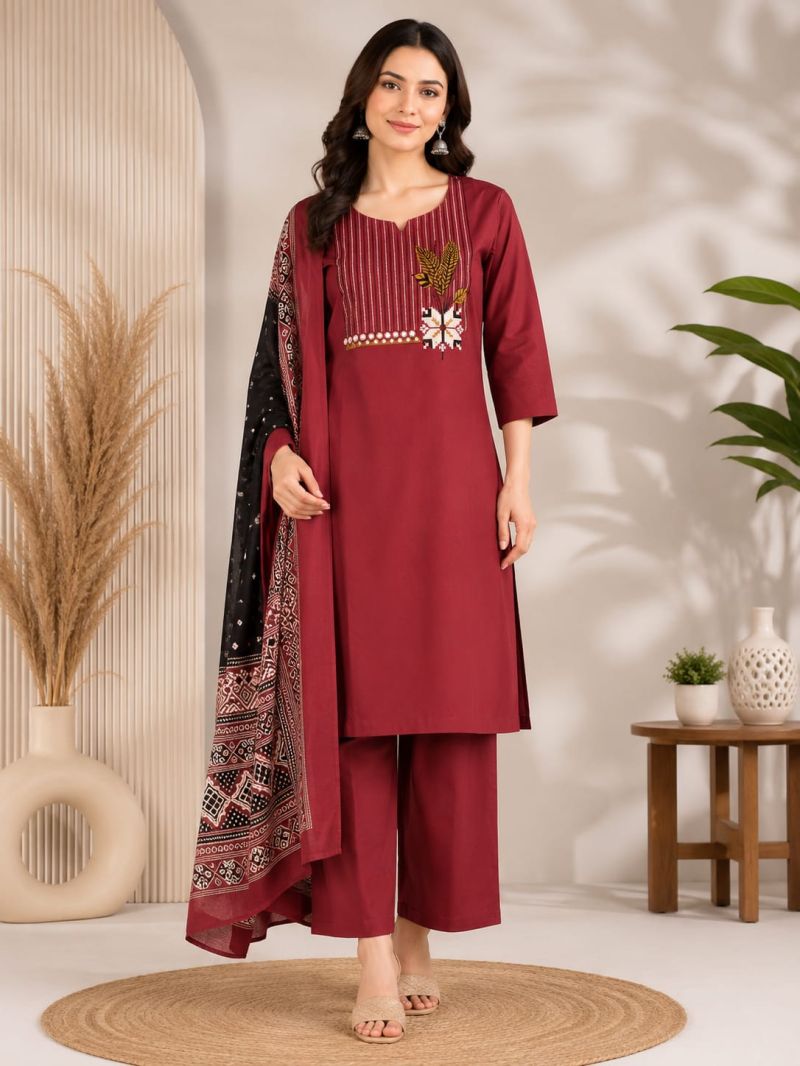 Naisha K 1144 Dhabu Cotton Kurti With Palazzo Dupatta Catalog — Wholesale Kurtis, Vardan Ethnic wholesale from Surat — view 4
