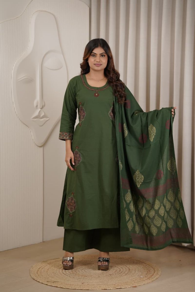 Naisha K 1145 Dhabu Cotton Manual Work Kurti With Pant Dupatta Set