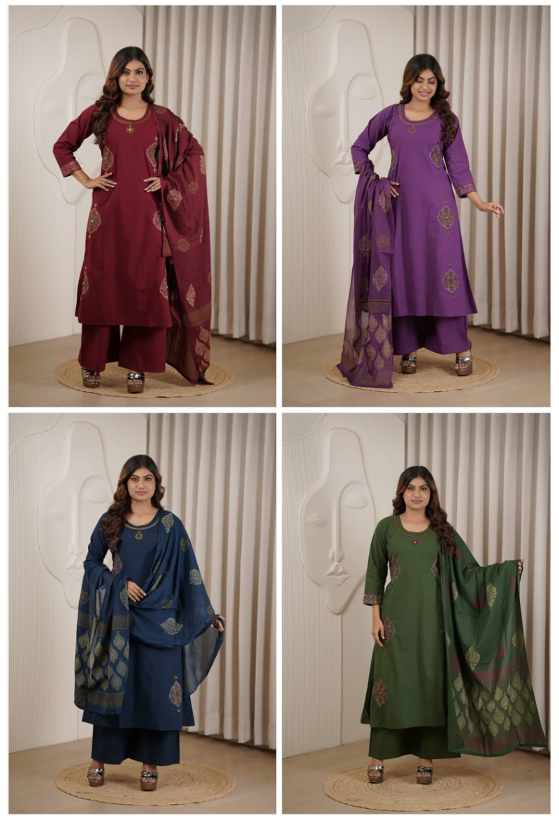 Naisha K 1145 Dhabu Cotton Manual Work Kurti With Pant Dupatta Set — Wholesale Cotton Kurti Pant Set, Vardan Ethnic wholesale from Surat — view 5